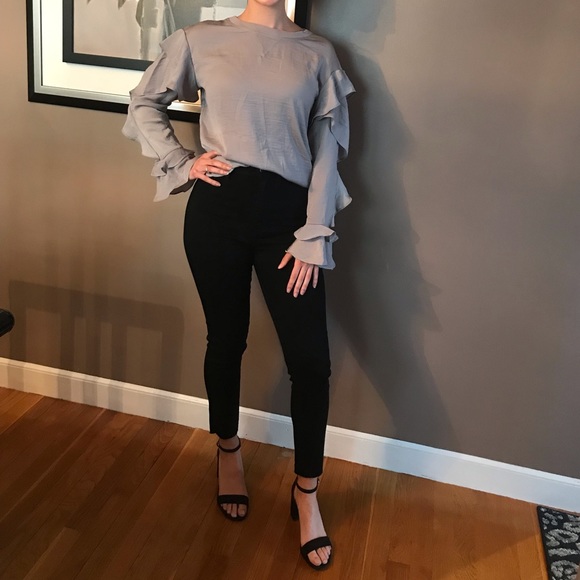 Tops - Silver Satin Ruffle Shirt